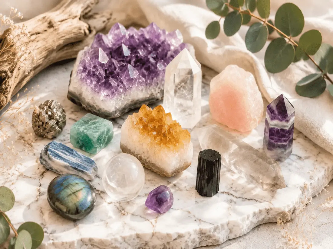 Natural crystal collection flatlay including amethyst cluster, clear quartz point, citrine, labradorite and rose quartz on marble